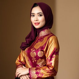 A beautiful woman wearing a traditional kebaya, combining elegant gold and deep burgundy colors