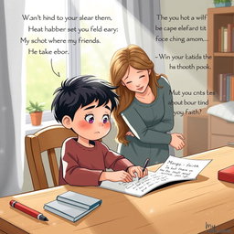 A touching illustration of a young child sitting at a desk, writing a heartfelt letter to their school friends, expressing worries about an upcoming exam