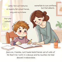 A touching illustration of a young child sitting at a desk, writing a heartfelt letter to their school friends, expressing worries about an upcoming exam