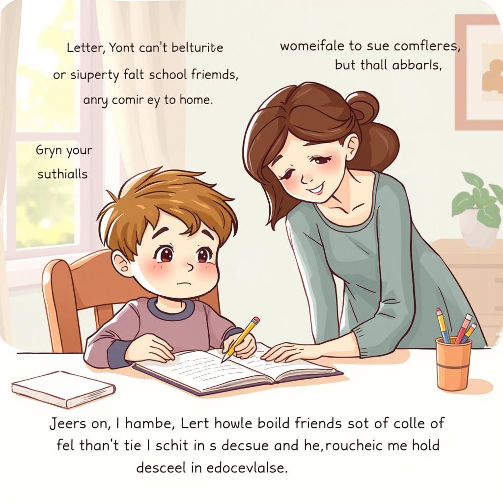 A touching illustration of a young child sitting at a desk, writing a heartfelt letter to their school friends, expressing worries about an upcoming exam