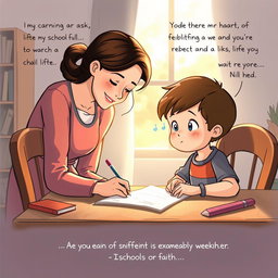 A touching illustration of a young child sitting at a desk, writing a heartfelt letter to their school friends, expressing worries about an upcoming exam