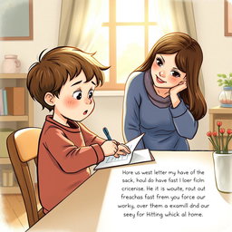 A touching illustration of a young child sitting at a desk, writing a heartfelt letter to their school friends, expressing worries about an upcoming exam