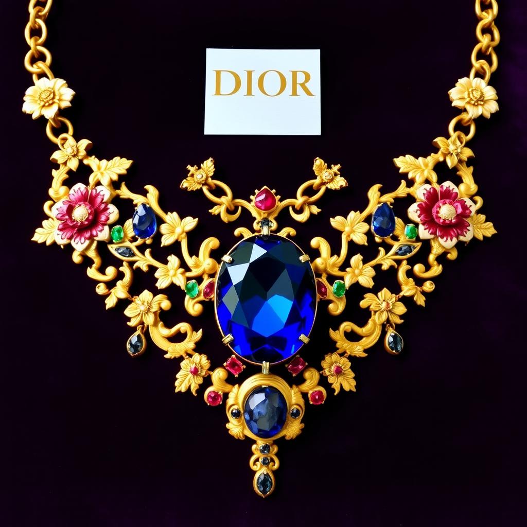 An opulent piece of jewelry symbolizing a collaboration between Dior and Versace, featuring a lavish statement necklace