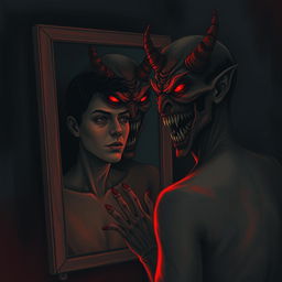 A haunting self-portrait depicting a person looking into a mirror, the reflection morphing into a monstrous, demon-like version of themselves