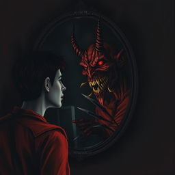 A haunting self-portrait depicting a person looking into a mirror, the reflection morphing into a monstrous, demon-like version of themselves