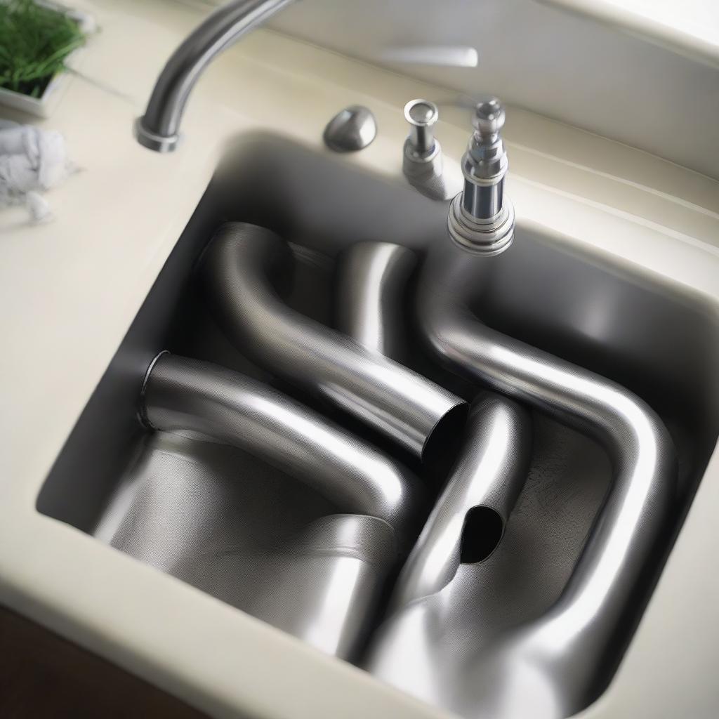 A complex arrangement of clean, metal pipes under a kitchen sink, featuring bends and joints, bathed in soft light from above.