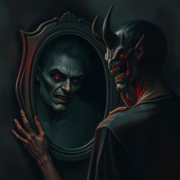 A haunting self-portrait depicting a person looking into a mirror, the reflection morphing into a monstrous, demon-like version of themselves