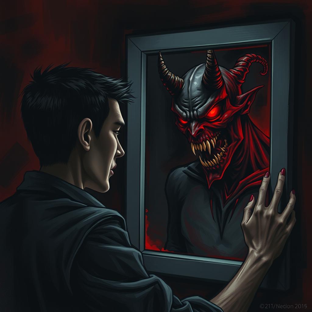 A haunting self-portrait depicting a person looking into a mirror, the reflection morphing into a monstrous, demon-like version of themselves