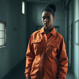 A realistic portrayal of women's prison clothing, featuring a practical, orange jumpsuit made of durable fabric, designed for comfort and functionality