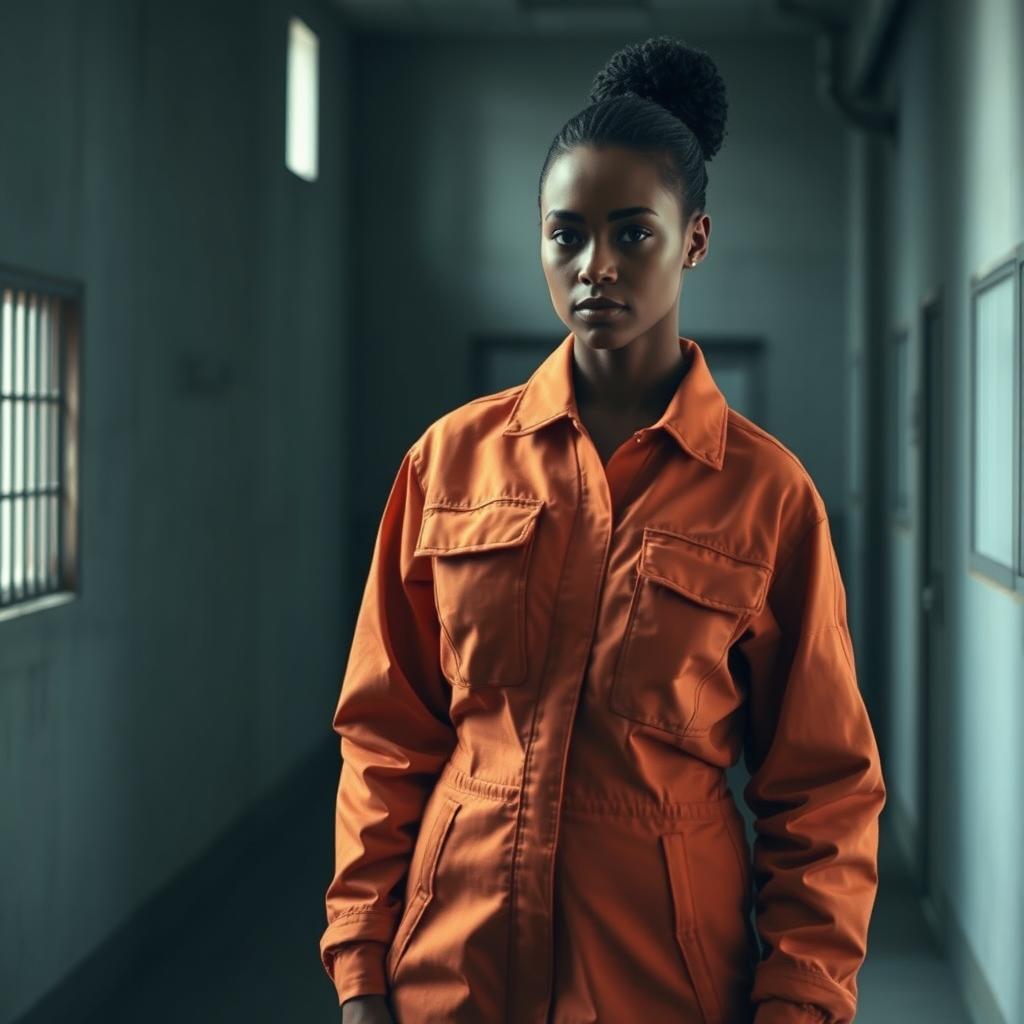 A realistic portrayal of women's prison clothing, featuring a practical, orange jumpsuit made of durable fabric, designed for comfort and functionality