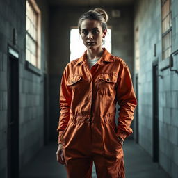 A realistic portrayal of women's prison clothing, featuring a practical, orange jumpsuit made of durable fabric, designed for comfort and functionality