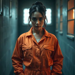 A realistic portrayal of women's prison clothing, featuring a practical, orange jumpsuit made of durable fabric, designed for comfort and functionality