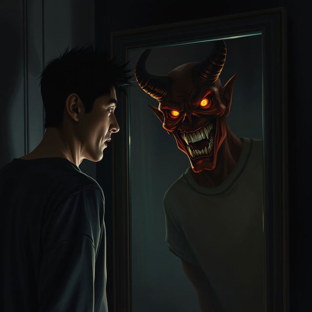 A realistic depiction of a person standing in front of a mirror, their expression conveying shock and fear as their reflection abruptly transforms into a demonic version of themselves