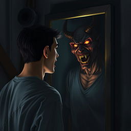A realistic depiction of a person standing in front of a mirror, their expression conveying shock and fear as their reflection abruptly transforms into a demonic version of themselves