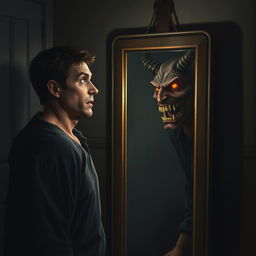 A realistic depiction of a person standing in front of a mirror, their expression conveying shock and fear as their reflection abruptly transforms into a demonic version of themselves