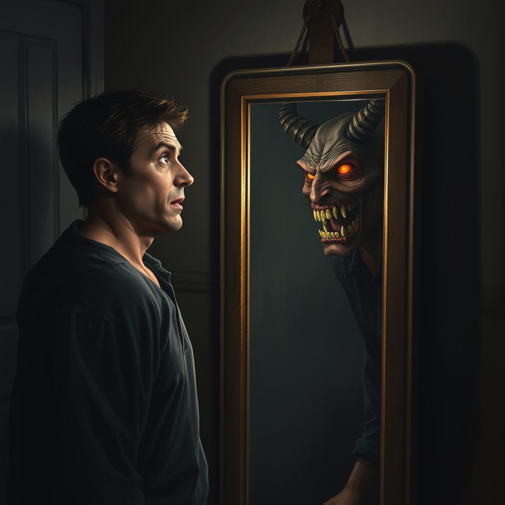 A realistic depiction of a person standing in front of a mirror, their expression conveying shock and fear as their reflection abruptly transforms into a demonic version of themselves