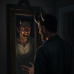 A realistic depiction of a person standing in front of a mirror, their expression conveying shock and fear as their reflection abruptly transforms into a demonic version of themselves