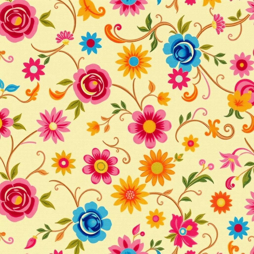 A vibrant fabric design featuring an intricate pattern of floral motifs, including roses, lilies, and daisies in a variety of colors such as bright pink, deep blue, and sunny yellow