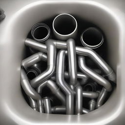 A complex arrangement of clean, metal pipes under a kitchen sink, featuring bends and joints, bathed in soft light from above.