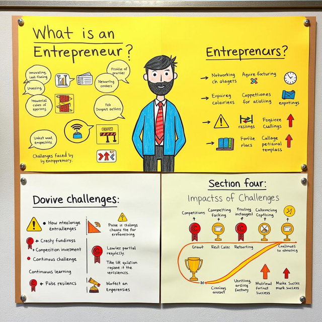 A creative Bristol board presentation divided into four distinct sections, each visually engaging and informative