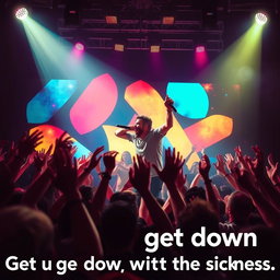 A dynamic scene capturing a powerful performance on stage, with a lead singer passionately engaging the audience