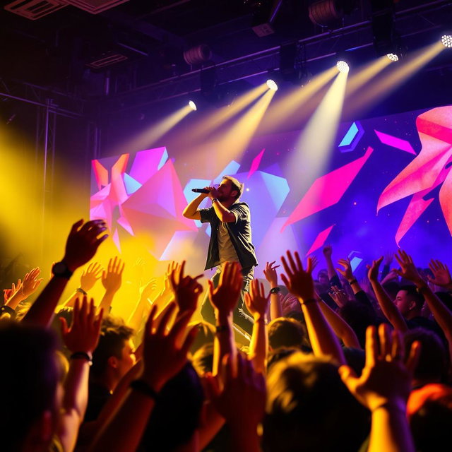 A dynamic scene capturing a powerful performance on stage, with a lead singer passionately engaging the audience