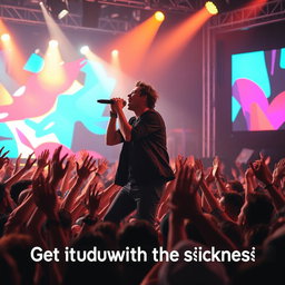 A dynamic scene capturing a powerful performance on stage, with a lead singer passionately engaging the audience