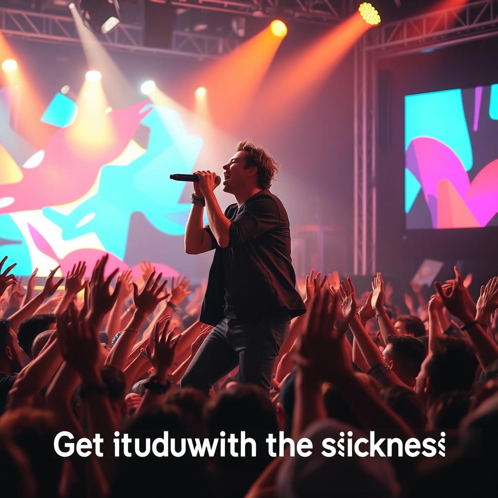 A dynamic scene capturing a powerful performance on stage, with a lead singer passionately engaging the audience