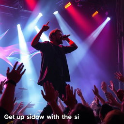 A dynamic scene capturing a powerful performance on stage, with a lead singer passionately engaging the audience