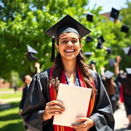 A joyful graduate in a cap and gown, holding a diploma, standing outside a university campus