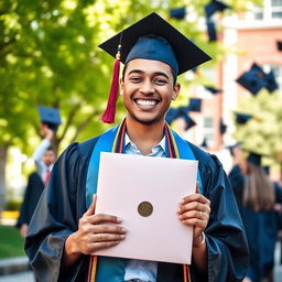 A joyful graduate in a cap and gown, holding a diploma, standing outside a university campus