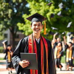 A joyful graduate in a cap and gown, holding a diploma, standing outside a university campus