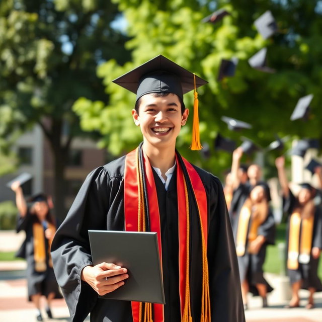A joyful graduate in a cap and gown, holding a diploma, standing outside a university campus