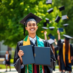 A joyful graduate in a cap and gown, holding a diploma, standing outside a university campus