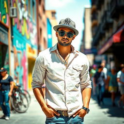 A stylish man wearing a fashionable cap and sleek sunglasses, posing confidently in a vibrant urban setting