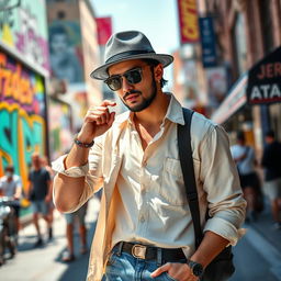 A stylish man wearing a fashionable cap and sleek sunglasses, posing confidently in a vibrant urban setting