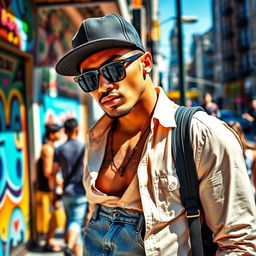A stylish man wearing a fashionable cap and sleek sunglasses, posing confidently in a vibrant urban setting