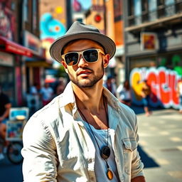A stylish man wearing a fashionable cap and sleek sunglasses, posing confidently in a vibrant urban setting