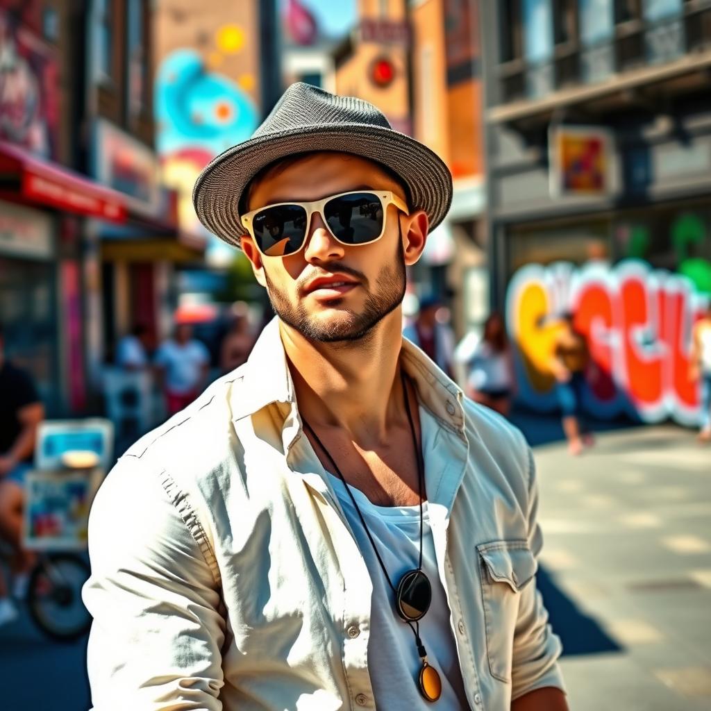 A stylish man wearing a fashionable cap and sleek sunglasses, posing confidently in a vibrant urban setting
