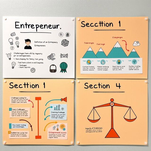 A visually engaging Bristol board presentation divided into four distinct sections, each showcasing creative designs that effectively communicate key concepts