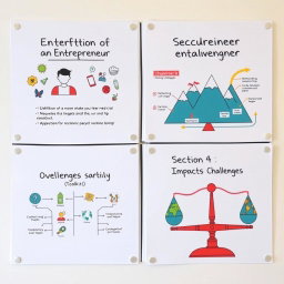 A visually engaging Bristol board presentation divided into four distinct sections, each showcasing creative designs that effectively communicate key concepts