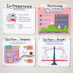 A visually engaging Bristol board presentation divided into four distinct sections, each showcasing creative designs that effectively communicate key concepts
