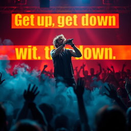 A striking and intense scene set at a live rock concert, featuring a lead singer passionately engaging with the audience