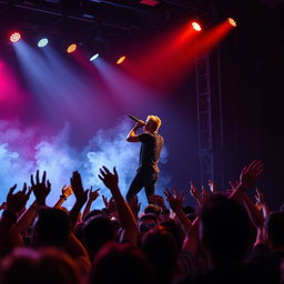 A striking and intense scene set at a live rock concert, featuring a lead singer passionately engaging with the audience