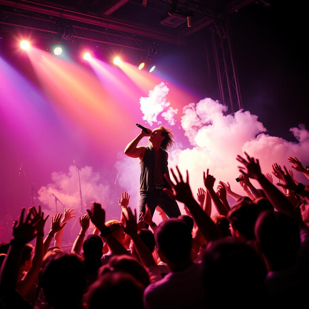 A striking and intense scene set at a live rock concert, featuring a lead singer passionately engaging with the audience