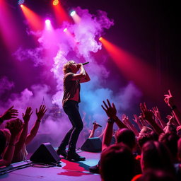 A striking and intense scene set at a live rock concert, featuring a lead singer passionately engaging with the audience