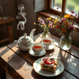A warm, inviting scene of a cozy tea setup on a rustic wooden table