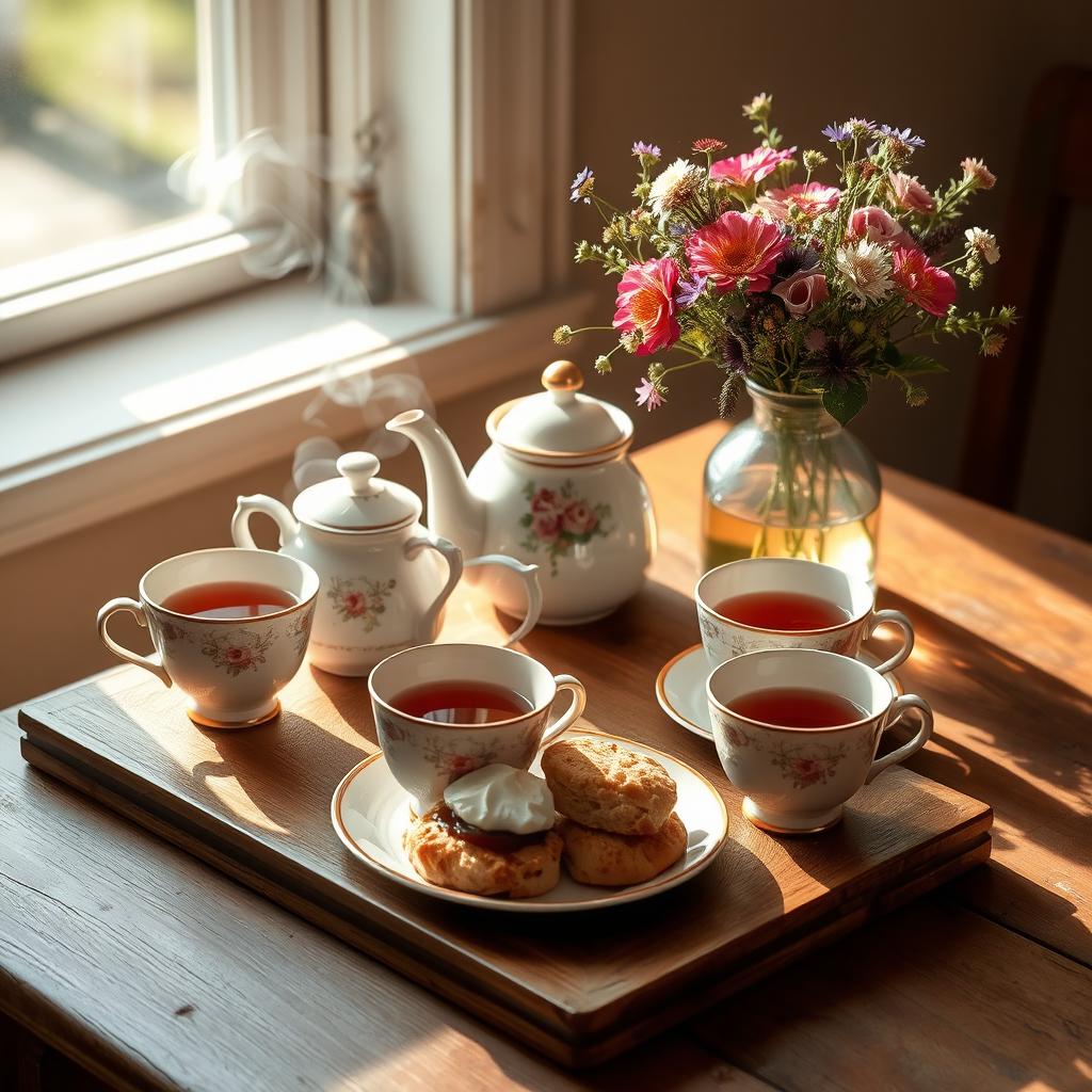 A warm, inviting scene of a cozy tea setup on a rustic wooden table