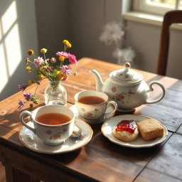 A warm, inviting scene of a cozy tea setup on a rustic wooden table