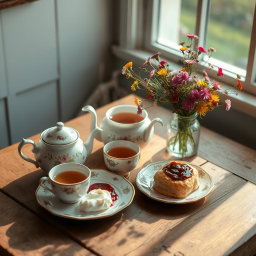 A warm, inviting scene of a cozy tea setup on a rustic wooden table